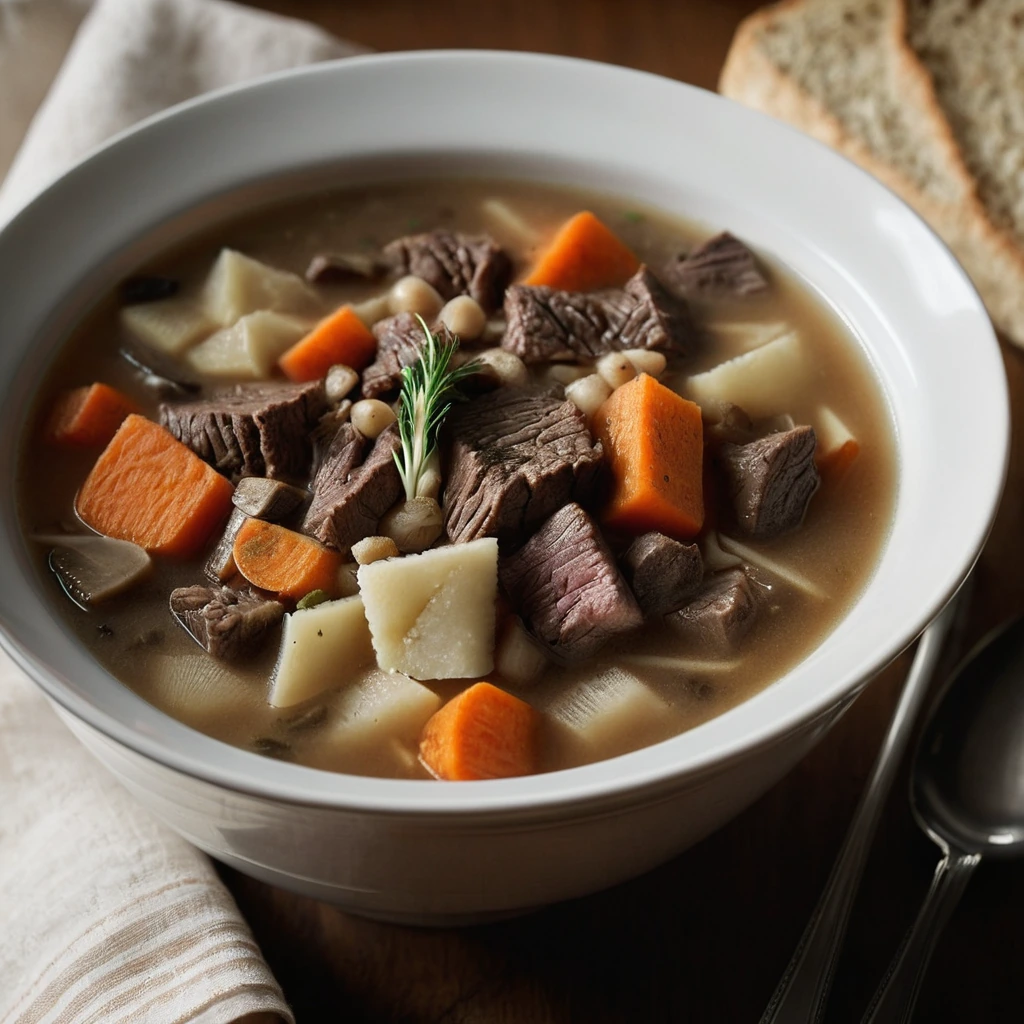 Steaming bowl of beef and barley soup with chunks of carrots, parsnips, and potatoes in a rich, golden broth.
