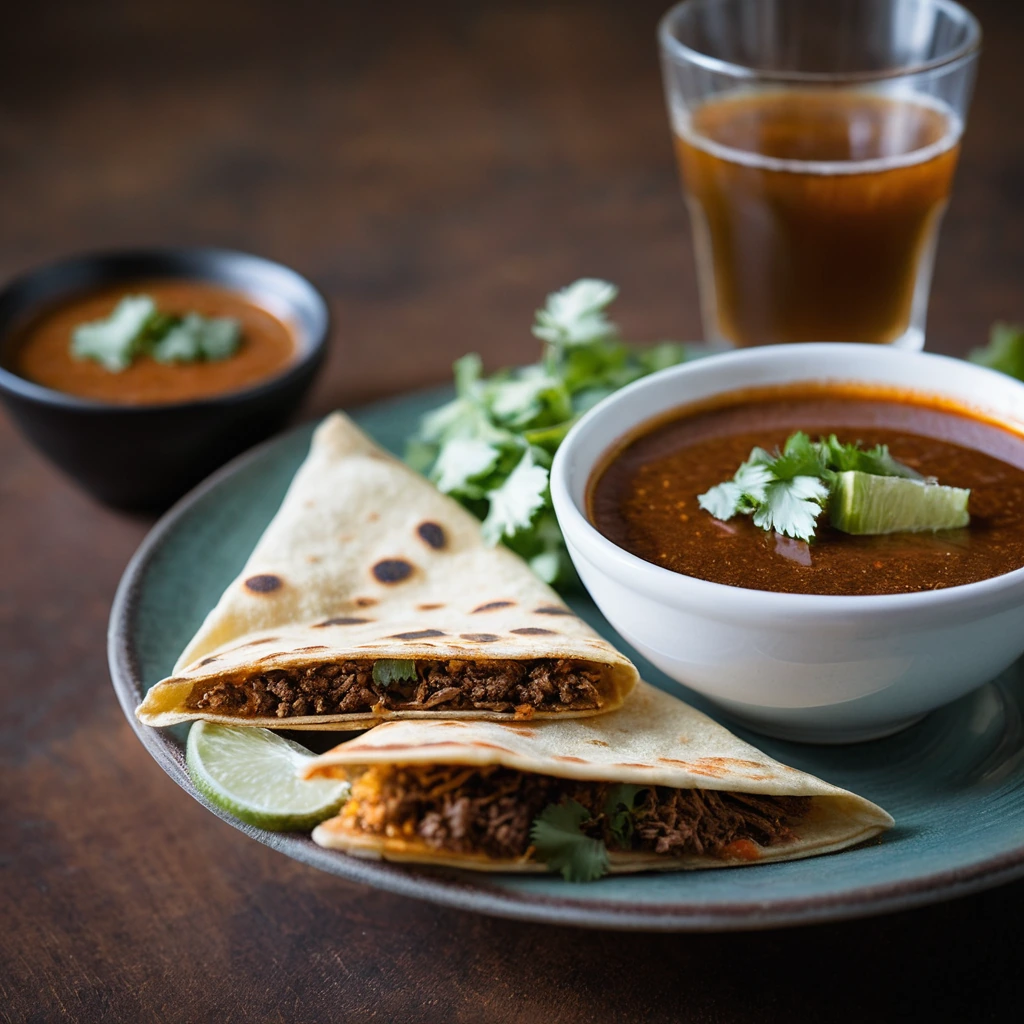 Crispy golden quesadillas sliced into triangles, dusted with fresh cilantro, served alongside a bowl of red dipping broth.