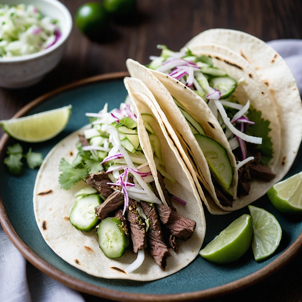 Warm soft tacos filled with bulgogi-style beef and topped with a vibrant green cucumber slaw.
