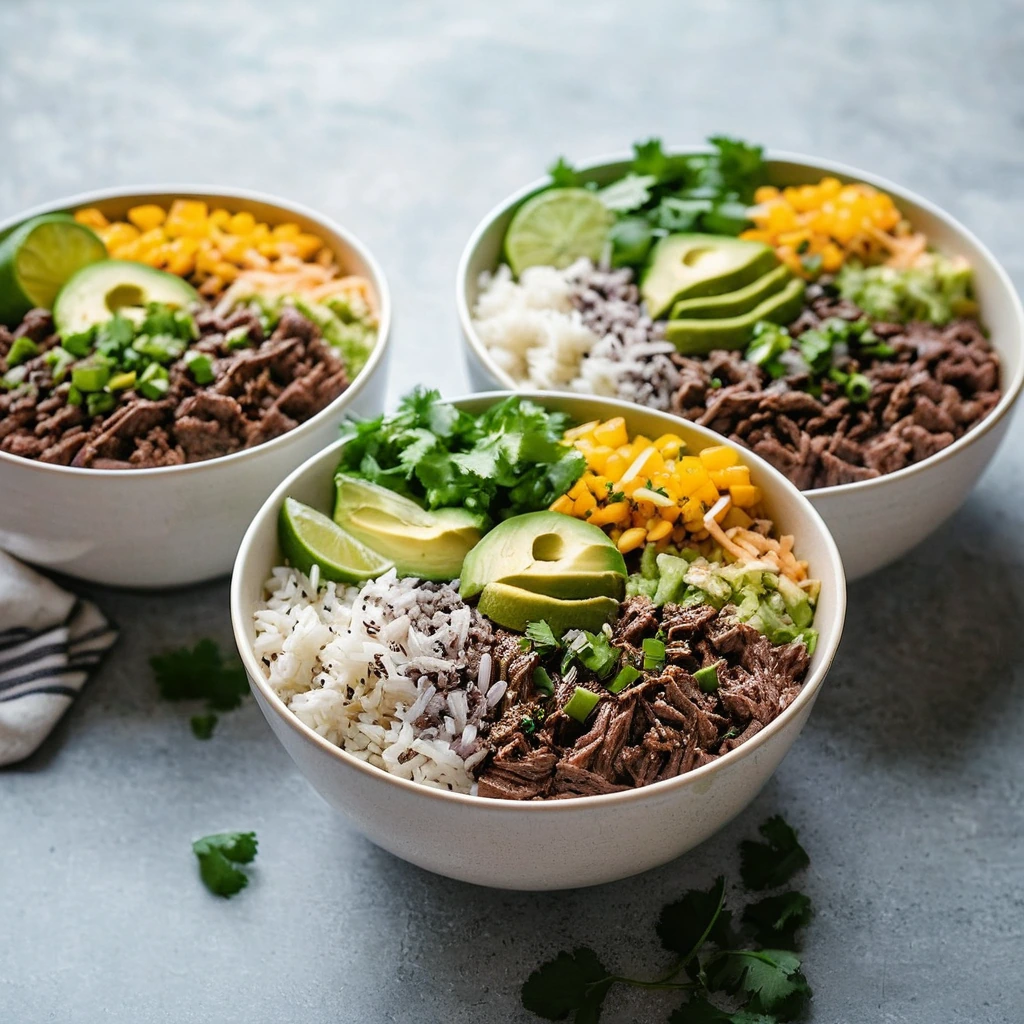 Colorful bowls filled with rice, seasoned beef, beans, salsa, and shredded lettuce.
