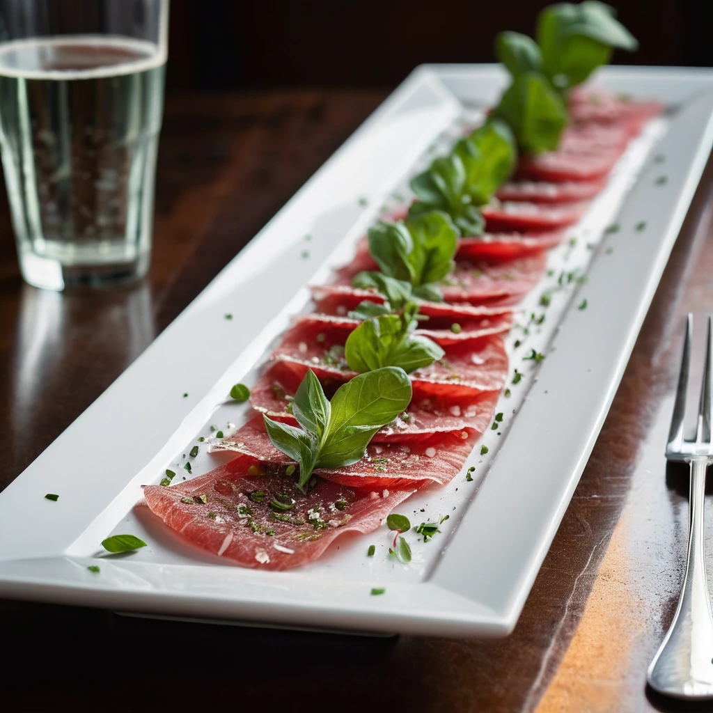 Thin slices of red beef arranged on a white plate, drizzled with green herbs and grated Parmesan.