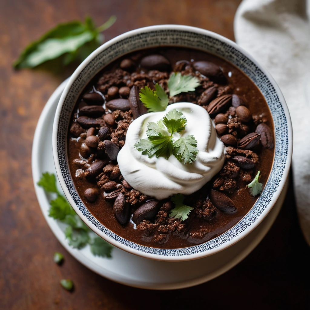 Steaming bowl of dark brown chili topped with fresh cilantro and a dollop of sour cream.