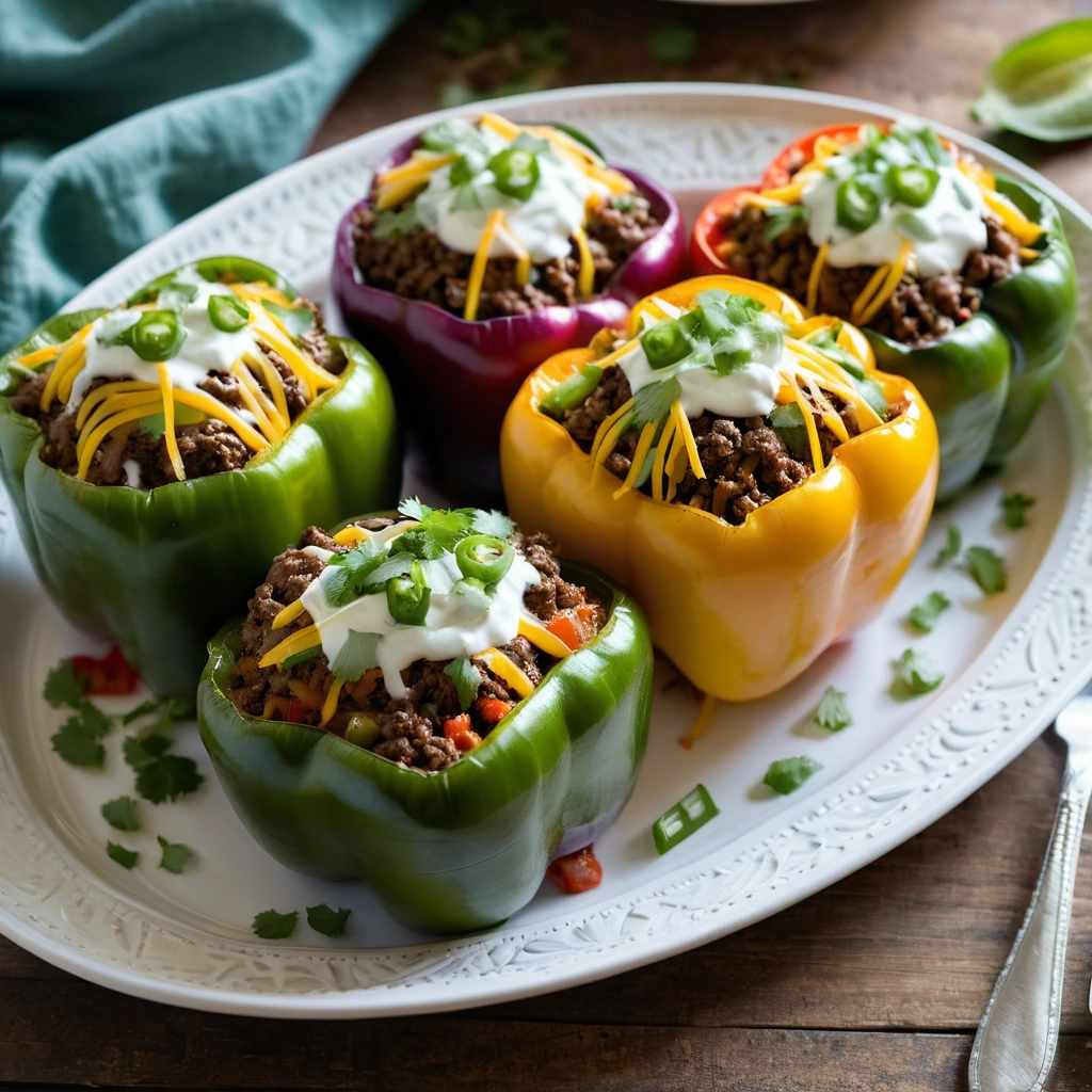 Four vibrant bell peppers stuffed with beef and cheese, topped with melted cheddar and green onions.