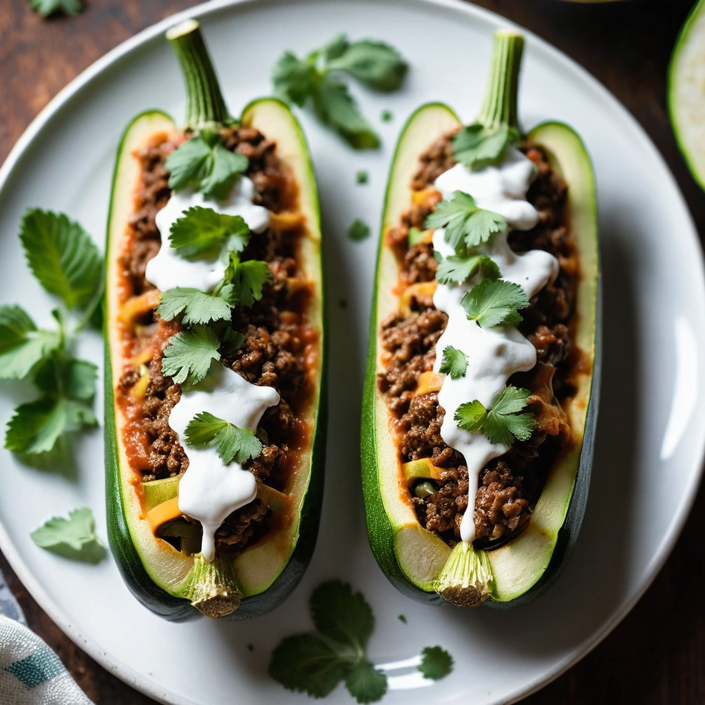 Two golden-brown zucchini halves filled with a mix of ground beef and red enchilada sauce, topped with melted cheese and fresh cilantro.