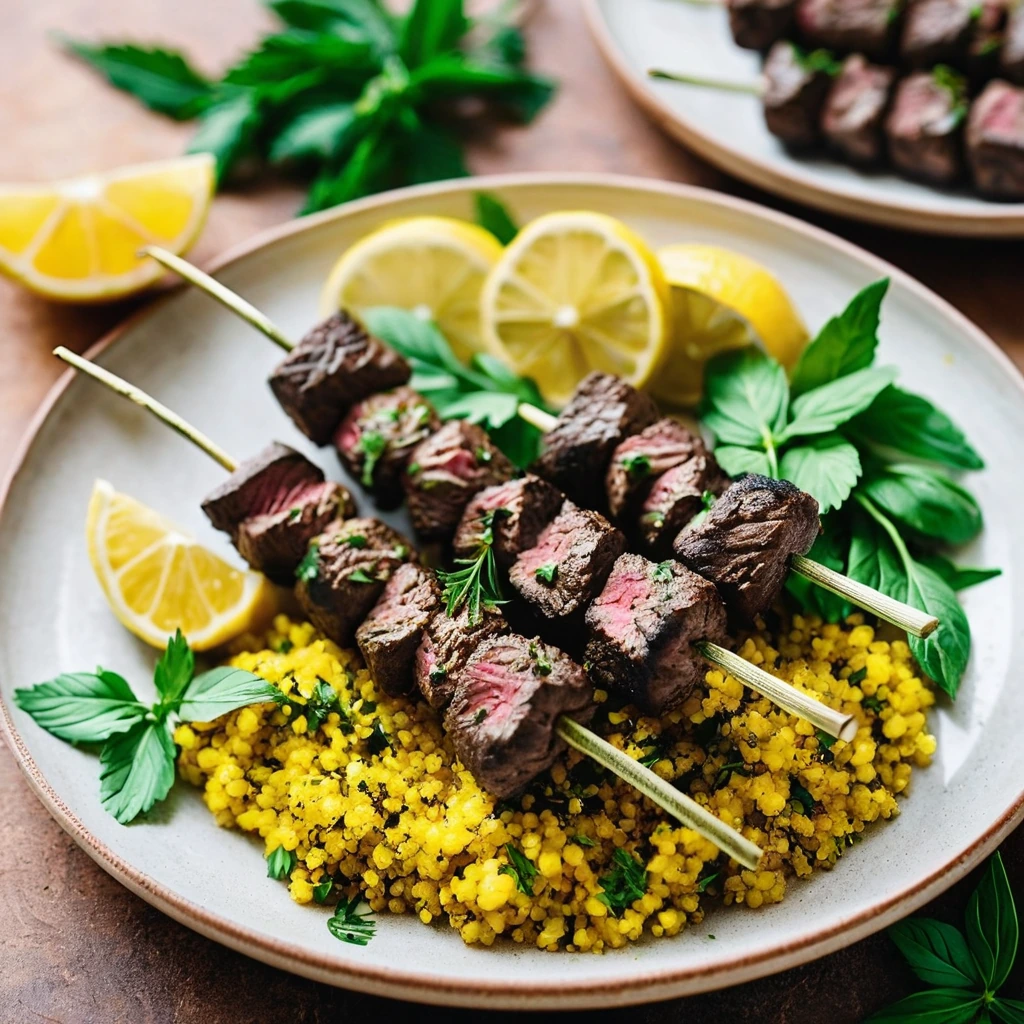 Grilled beef skewers on a plate with a vibrant yellow couscous sprinkled with herbs.