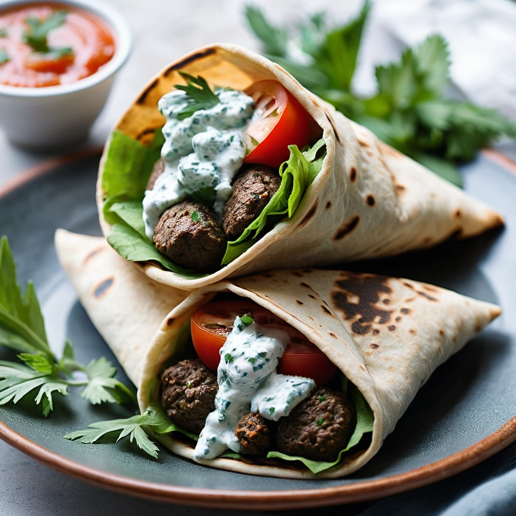 Warm pita wraps stuffed with grilled beef kofta and topped with white tzatziki sauce, fresh herbs, and diced tomatoes.
