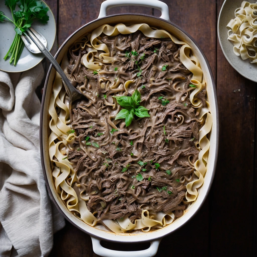 golden brown casserole in a baking dish, topped with melted cheese, noodles peeking through, surrounded by tender beef and mushrooms