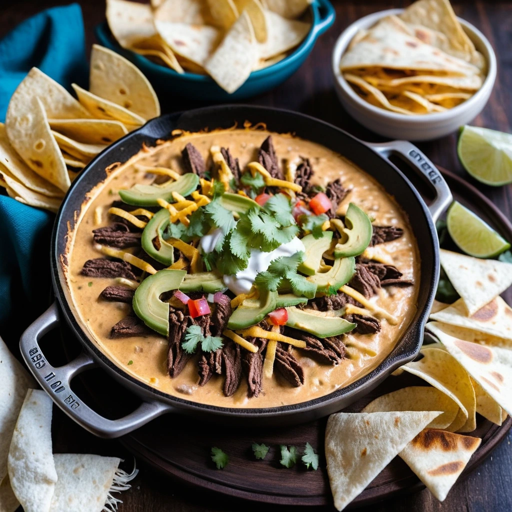 A sizzling skillet of melted cheese and beef topped with golden crispy tortilla strips.