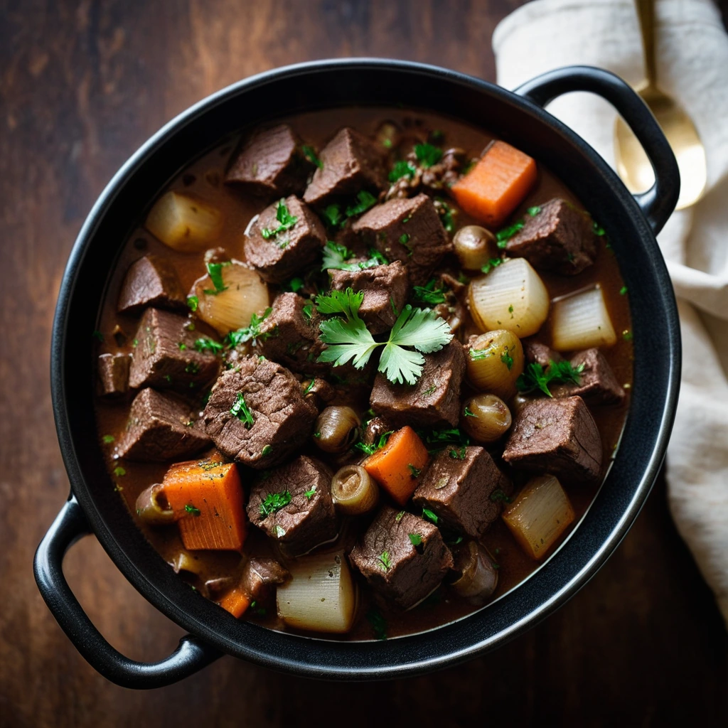 Steaming bowl of beef stew with golden onions and tender beef chunks in a dark, glossy sauce, garnished with fresh parsley.