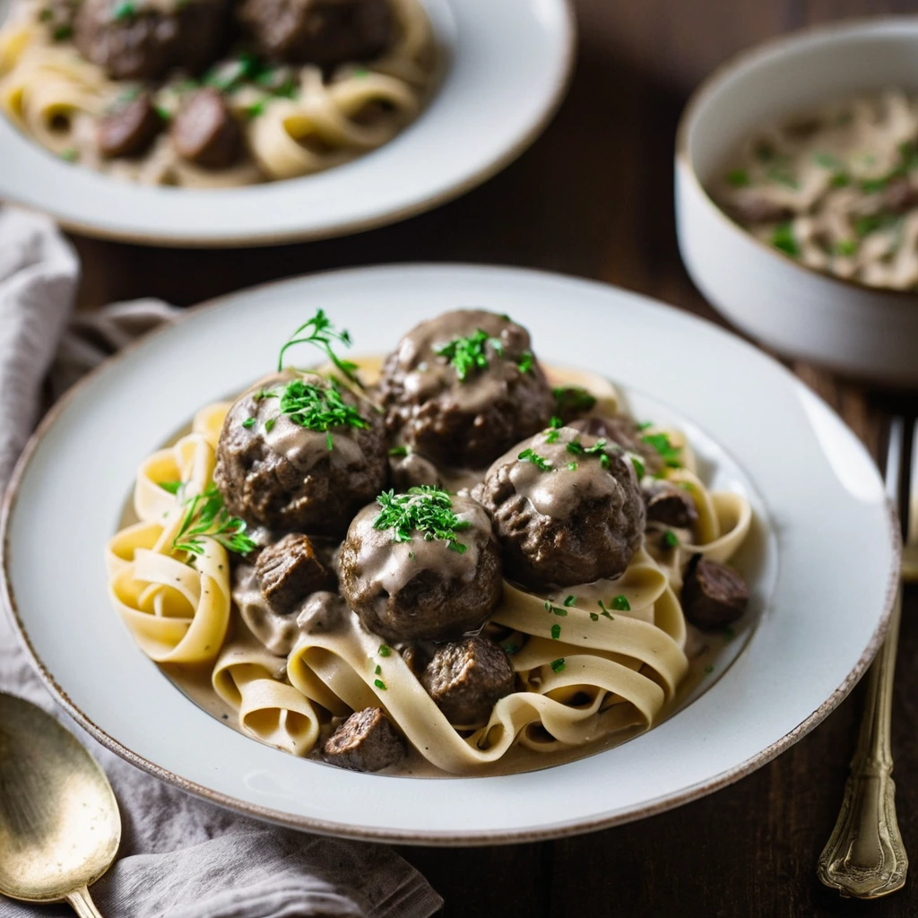Golden egg noodles topped with brown beef meatballs in creamy mushroom sauce