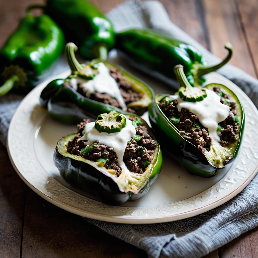 Baked poblano peppers stuffed with seasoned ground beef, arranged on a rustic plate with melted cheese on top.