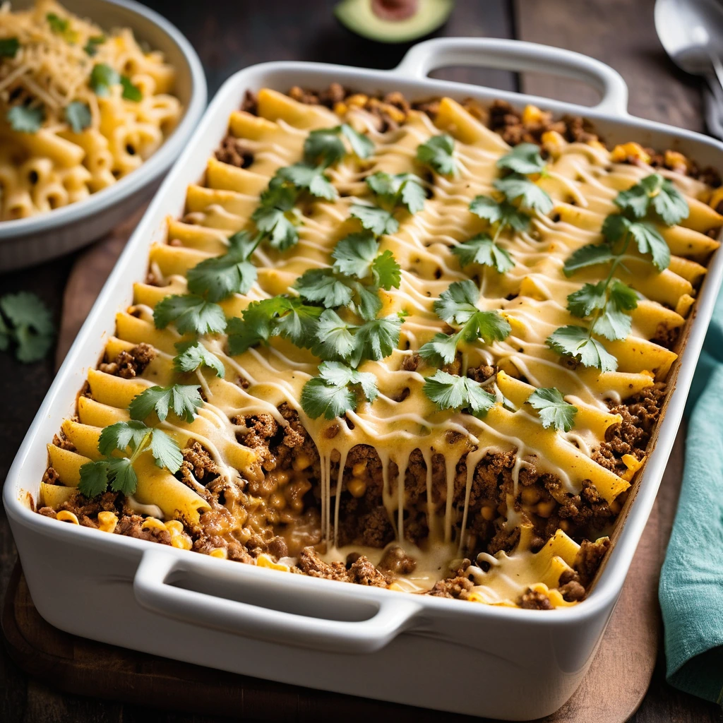 golden bubbly casserole dish with crispy tortilla topping and melted cheese, served in a rectangular baking dish