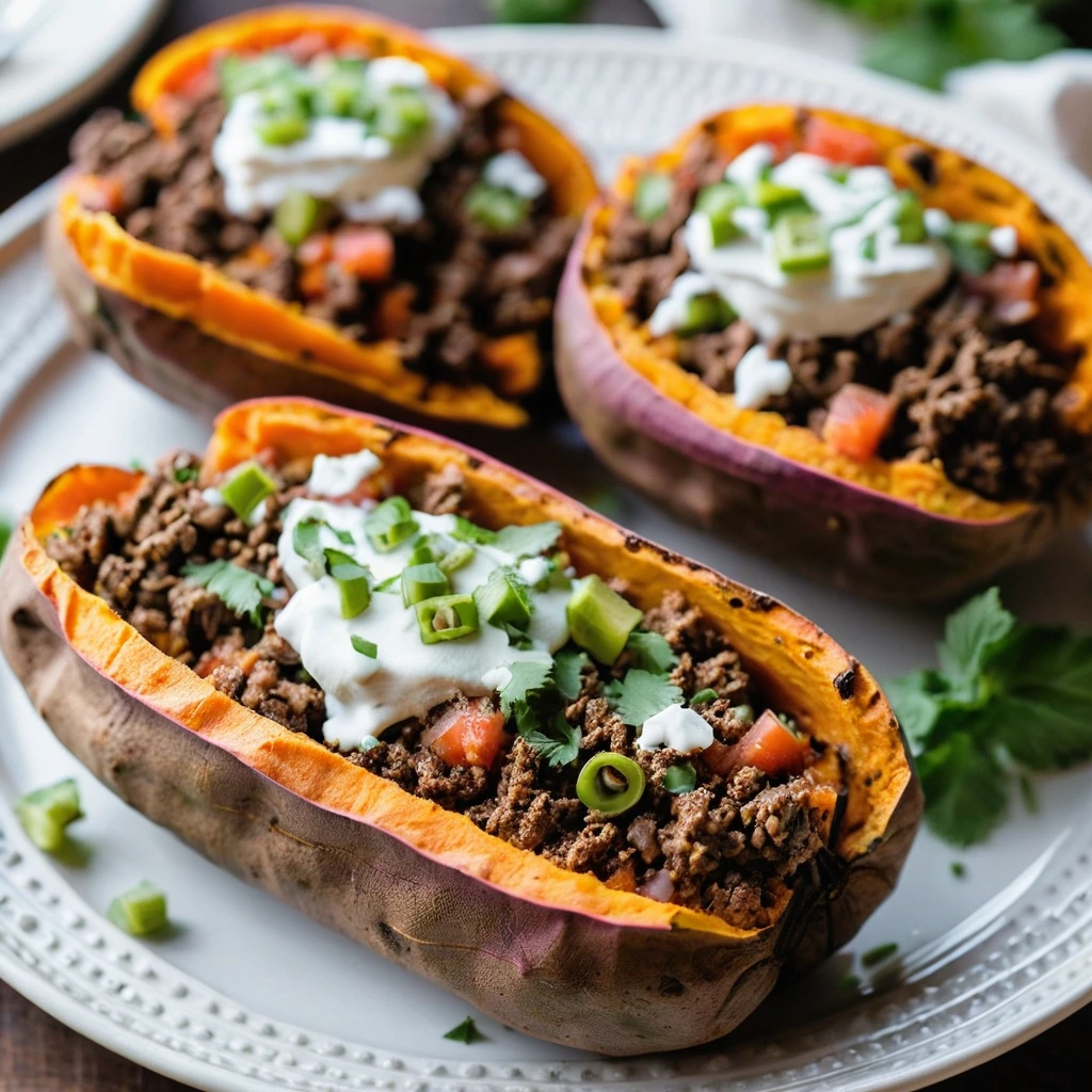 Two halved baked sweet potatoes topped with seasoned ground beef, cheese, and diced tomatoes in a rustic plate.