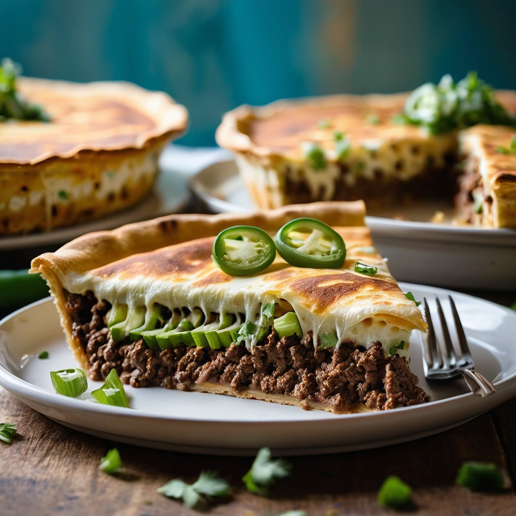 Golden-brown pie with layers of tortillas and melted cheese, topped with a sprinkle of green scallions.