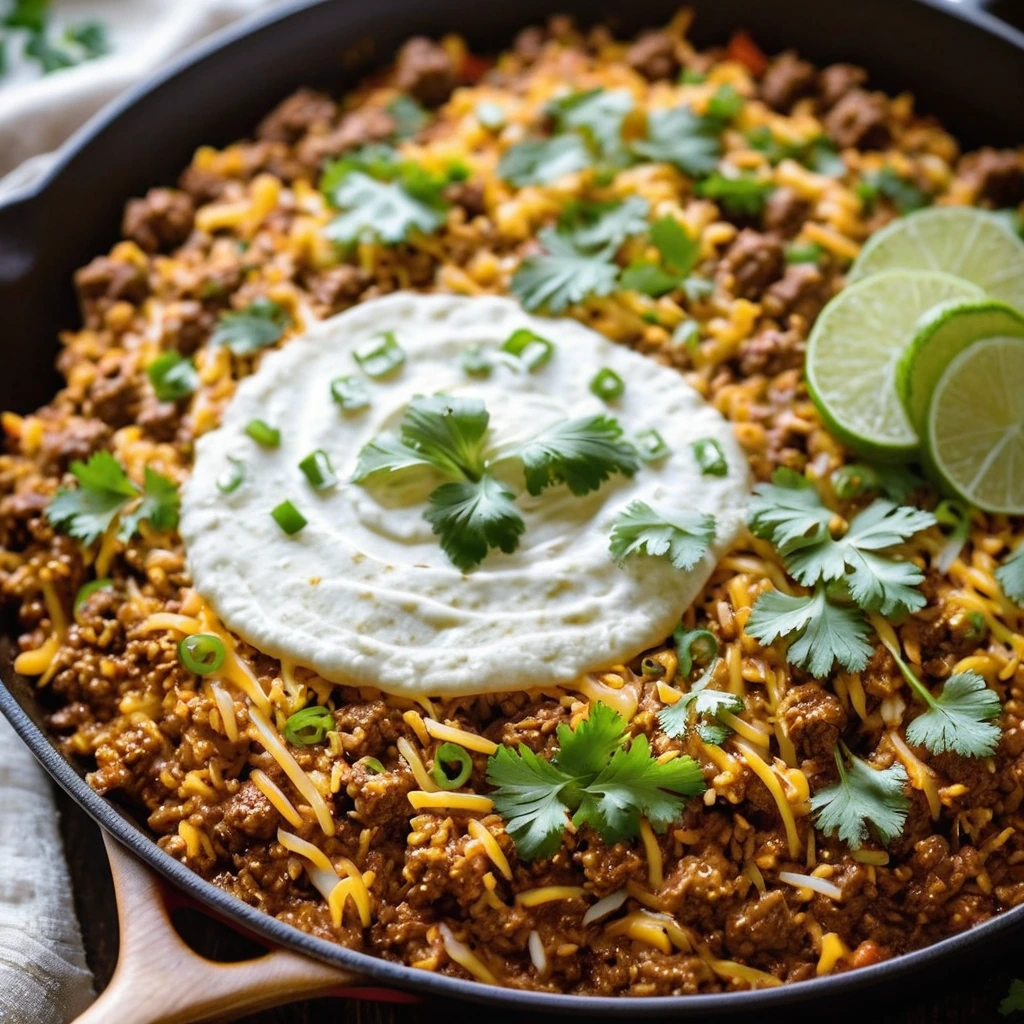 Golden rice mixed with ground beef and cheese in a sizzling skillet, topped with fresh cilantro.
