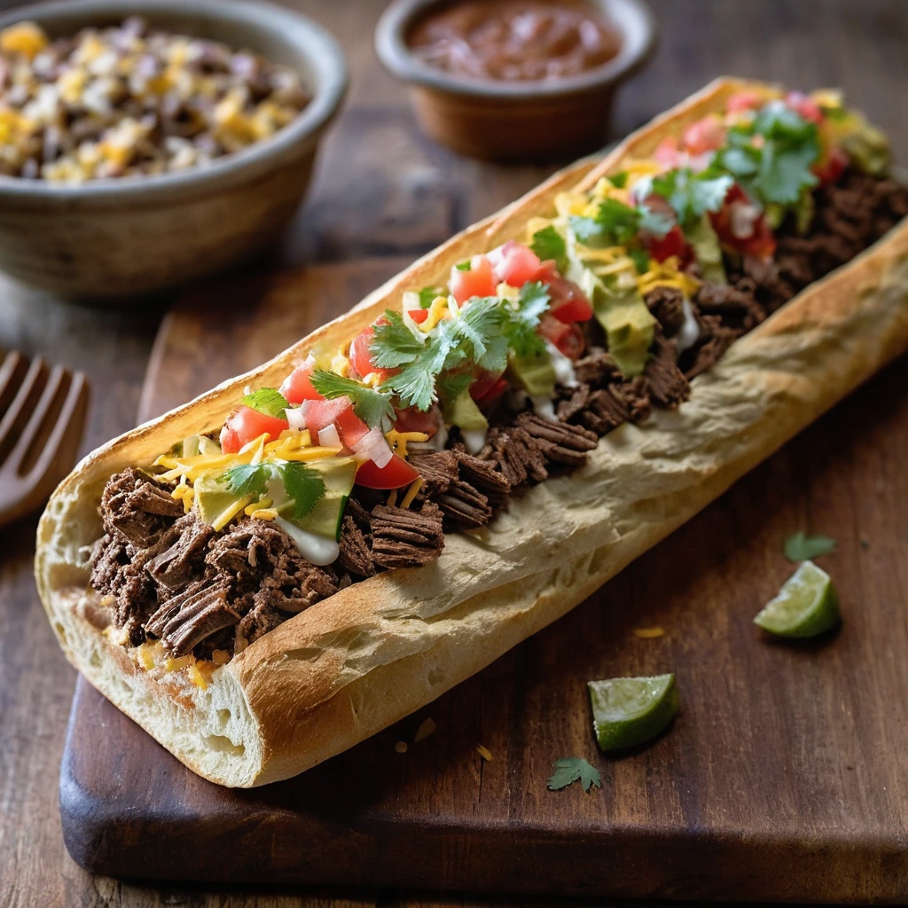 Split French bread overflowing with beef taco filling, melted cheese, and colorful toppings on a rustic wooden board.