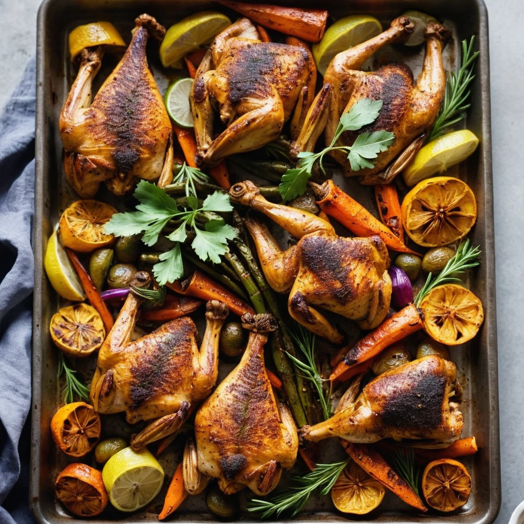 Sheet pan filled with golden roasted vegetables and perfectly cooked chicken pieces dusted with berbere spice.