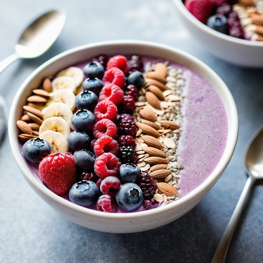 Purple and red berry smoothie in a bowl topped with sliced almonds and chia seeds in a white ceramic bowl.