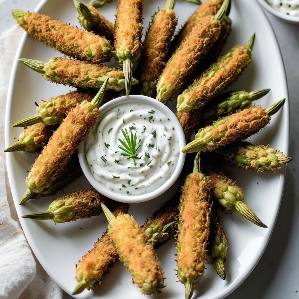 Golden fried pickle spears arranged on a white plate with a small bowl of creamy ranch dip.