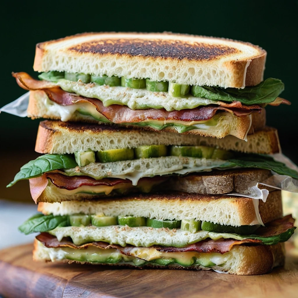 Golden grilled cheese sandwich oozing cheese with visible dill pickle slices and crispy bacon.