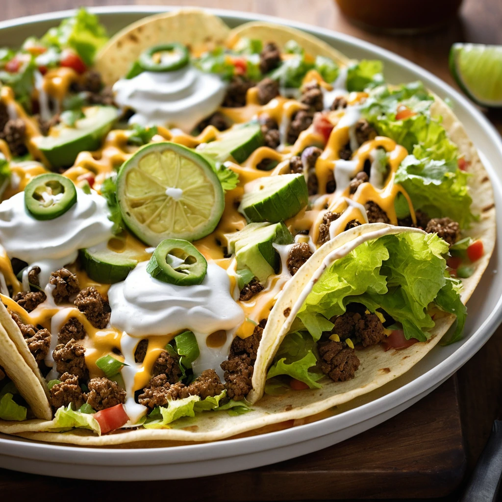 Colorful skillet filled with golden-brown beef, lettuce, cheese, and a drizzle of tangy sauce.