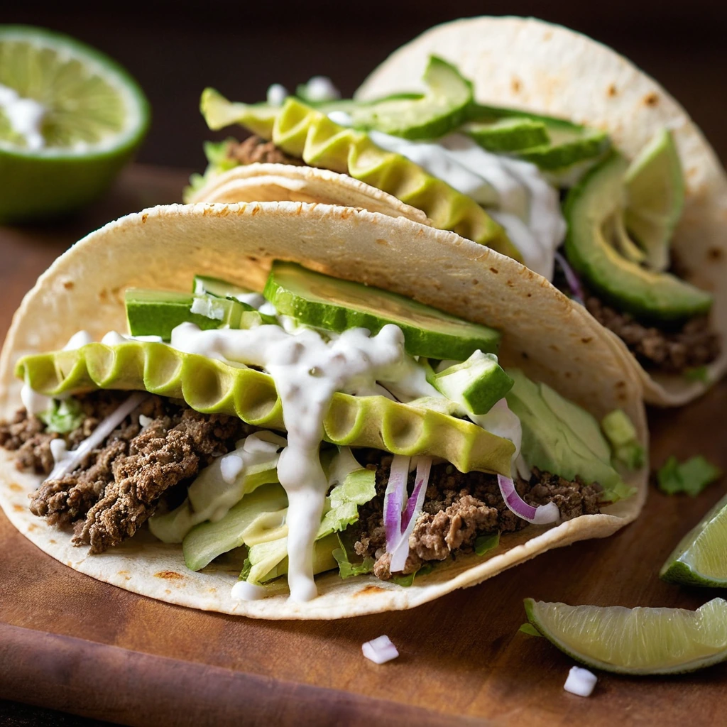 Golden-brown taco shells filled with smashed beef patties, melted cheese, and vibrant green pickles, drizzled with creamy sauce.