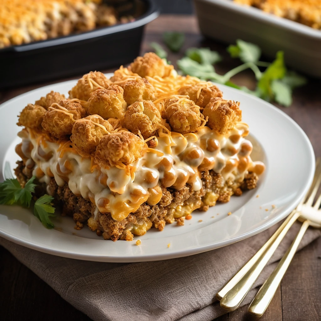 A bubbly casserole dish with layers of browned smash burgers and crispy golden tater tots, topped with melted cheese and sesame seeds.