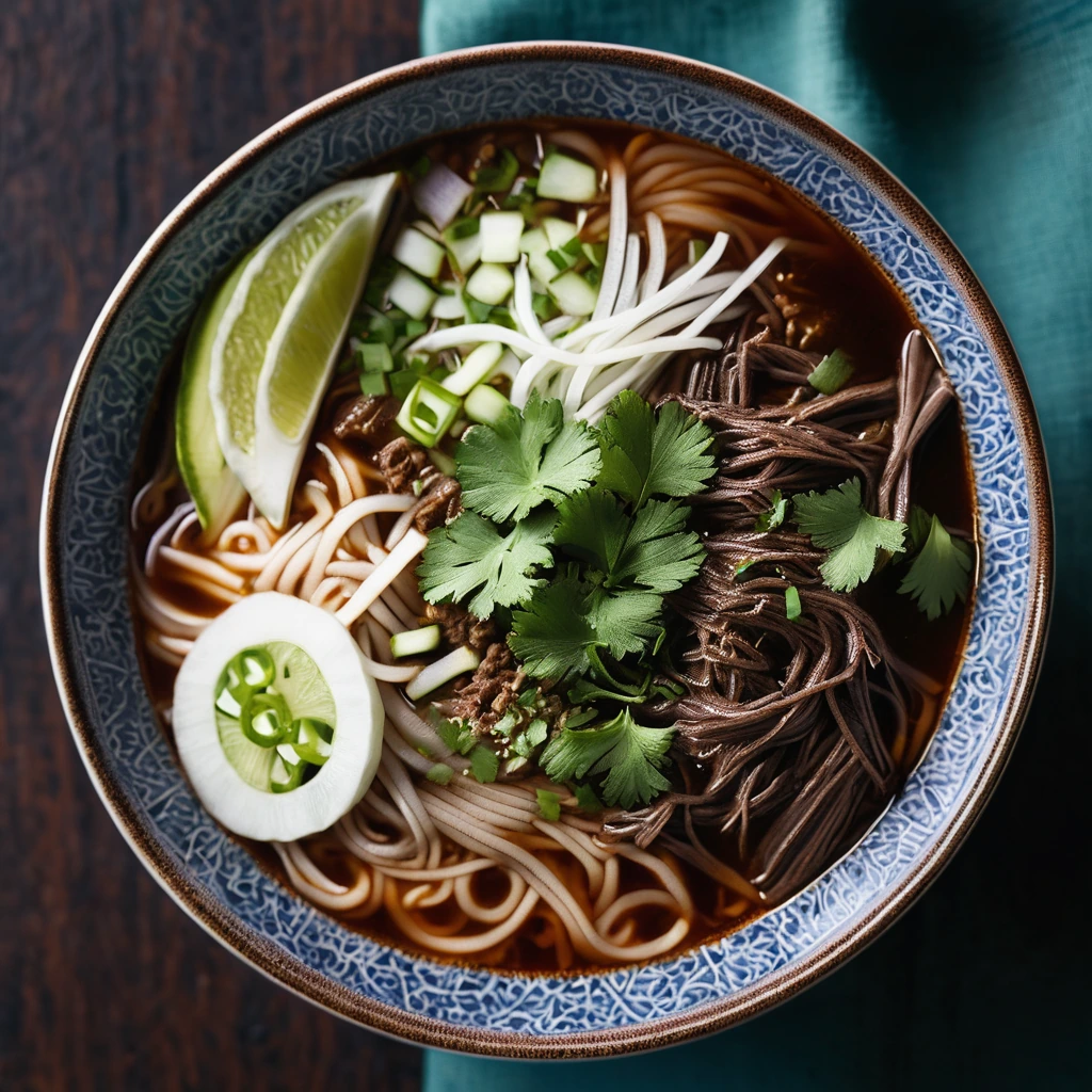 Bowl of ramen with shredded beef in a rich red broth, topped with onions and cilantro