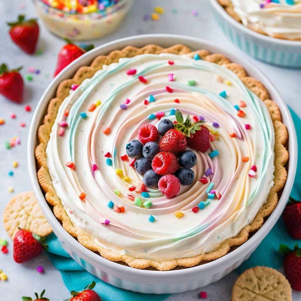 White dip swirled with pastel sprinkles in a serving bowl, surrounded by colorful cake pieces and fruit slices.