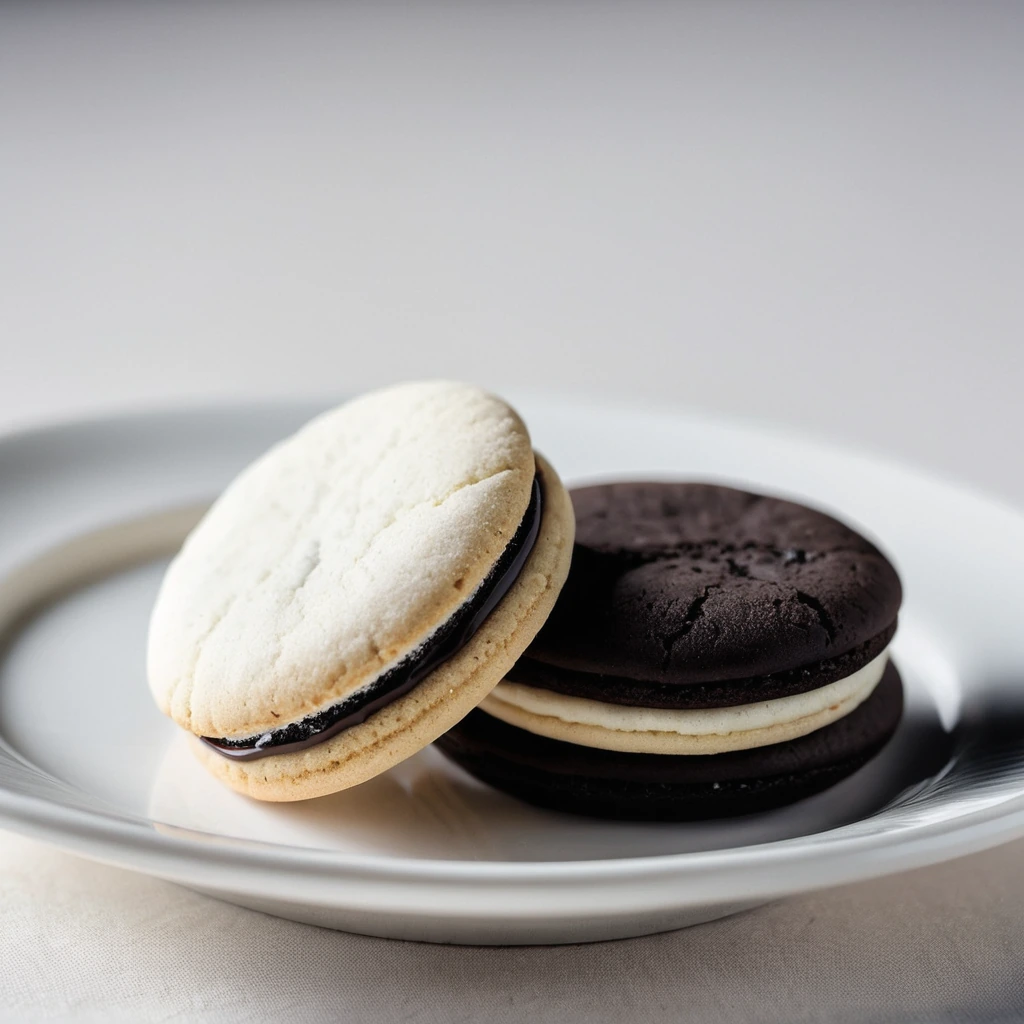 Two black and white cookies on a plate, one half glazed in white, the other half in dark chocolate.