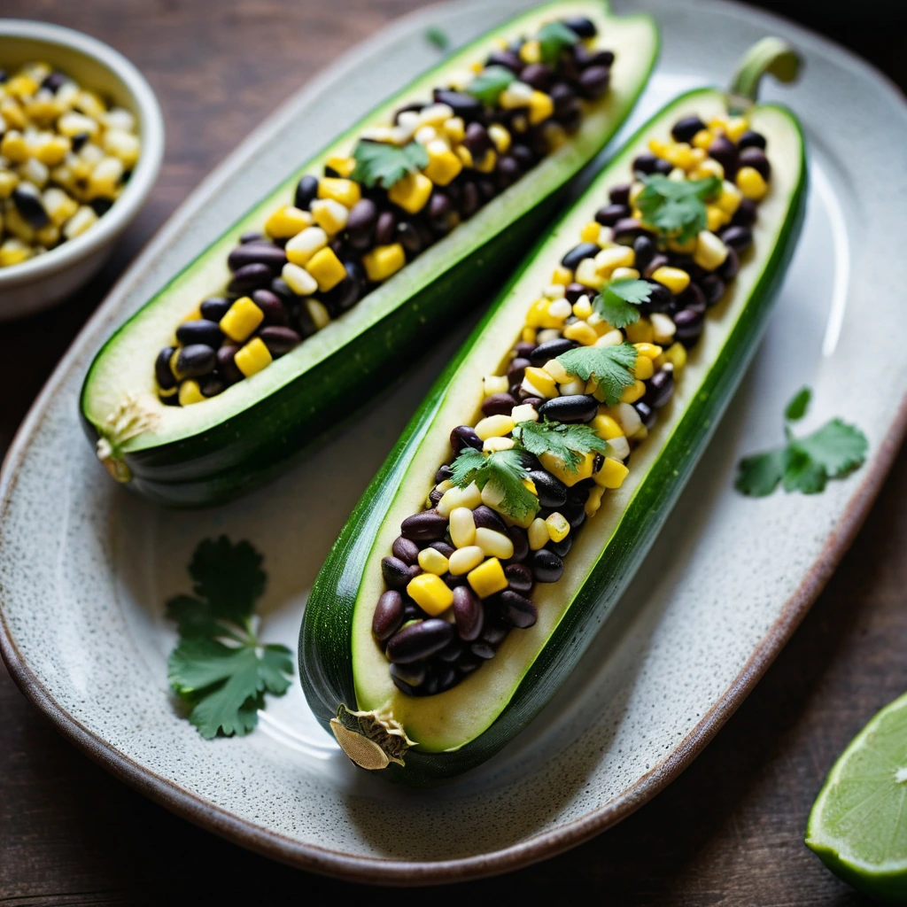 Golden zucchini halves stuffed with a vibrant mix of black beans and corn, garnished with fresh cilantro on a rustic plate.