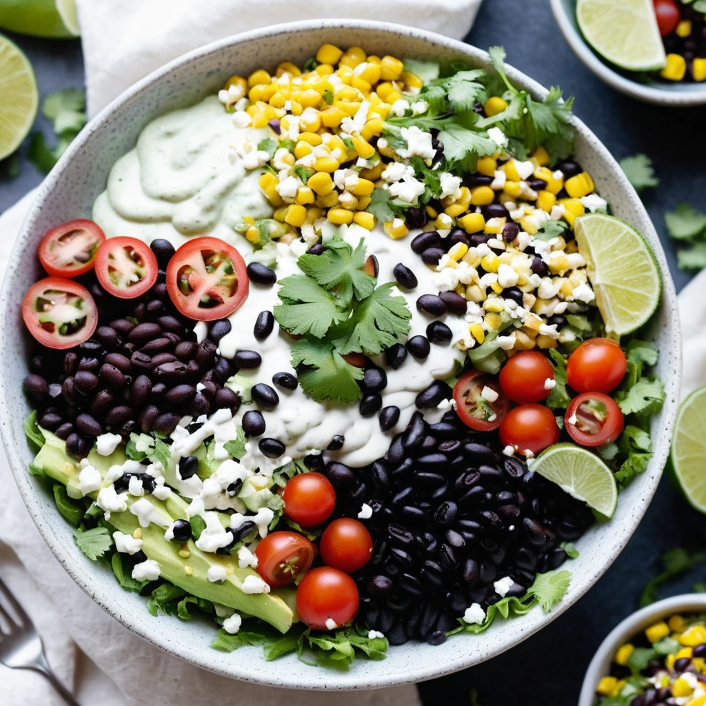 Colorful taco salad in a bowl with black beans, corn, lettuce, tomatoes, topped with a drizzle of white crema and fresh cilantro