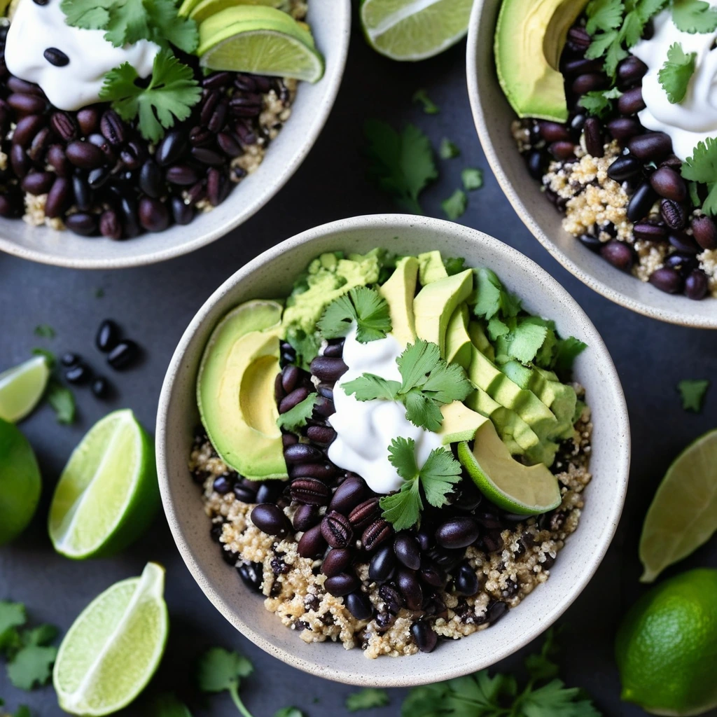 Colorful taco bowls with black beans, quinoa, and vibrant green lime crema drizzled on top