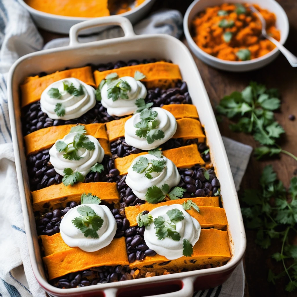 Baked casserole dish with golden cheese topping, vibrant orange sweet potato slices, and a rich red sauce.