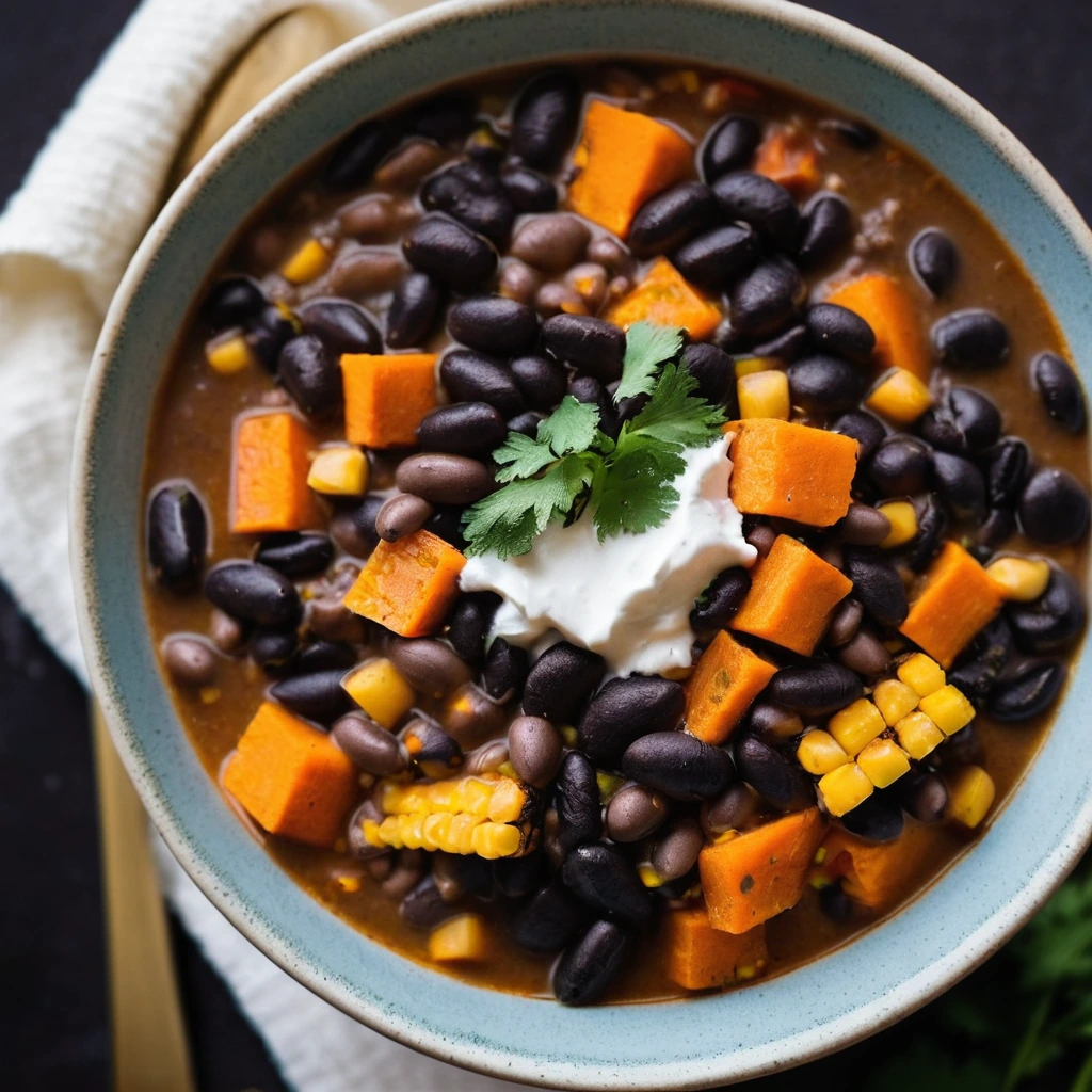 Steaming bowl of orange and yellow stew with black beans and chunks of sweet potato