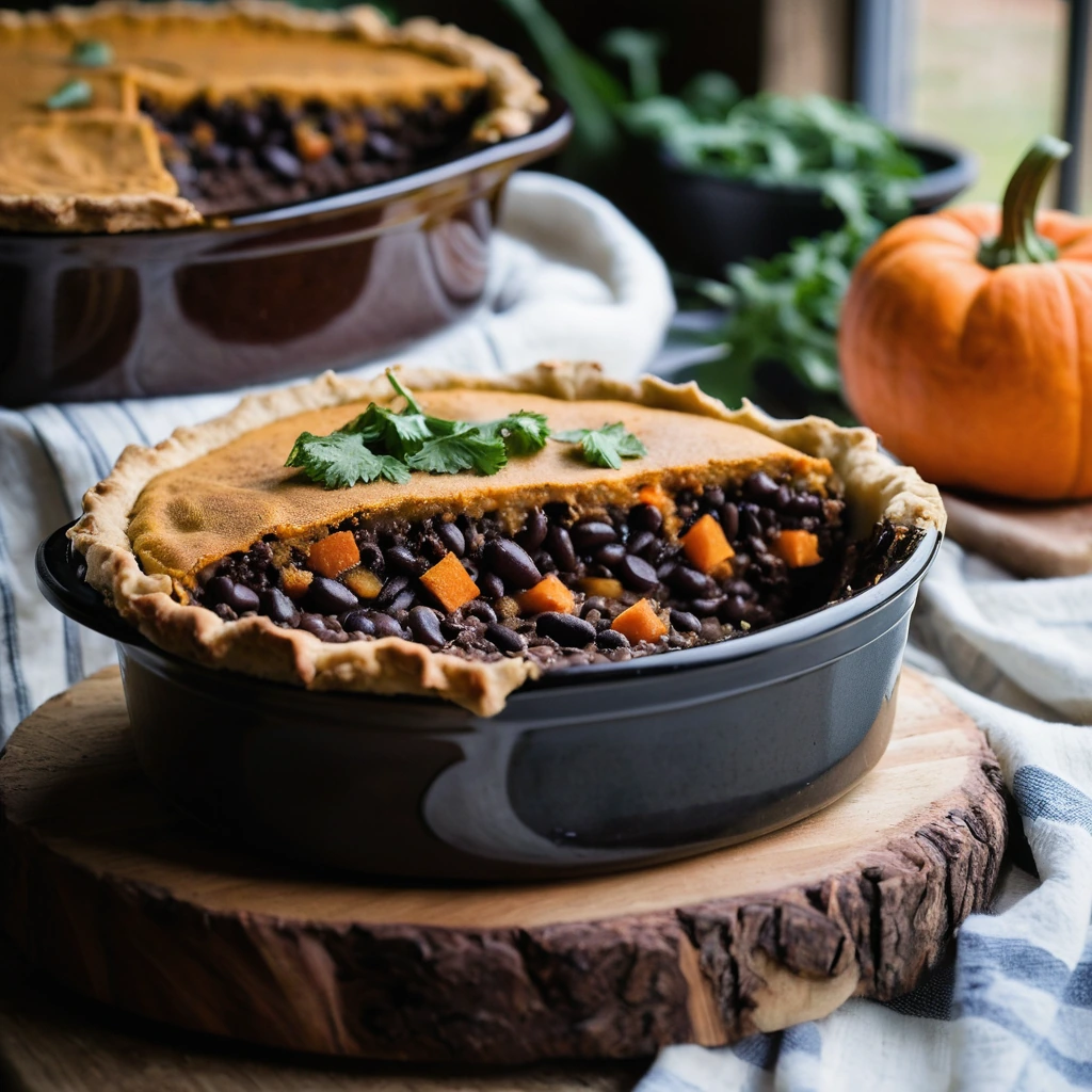 A rustic pie dish filled with a layer of creamy black beans and vegetables topped with golden sweet potato mash.