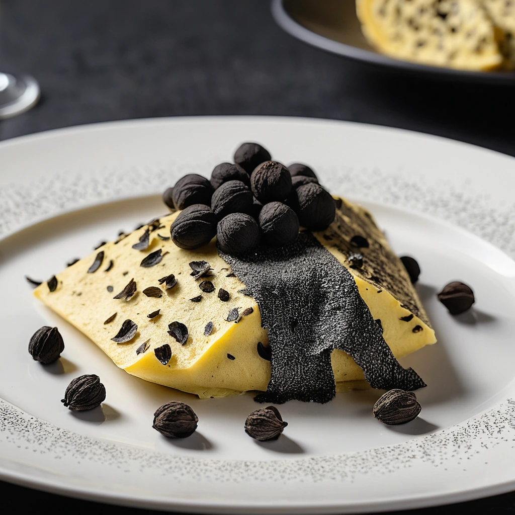 Golden omelette with black truffle shavings, served on a white plate with fresh herbs.