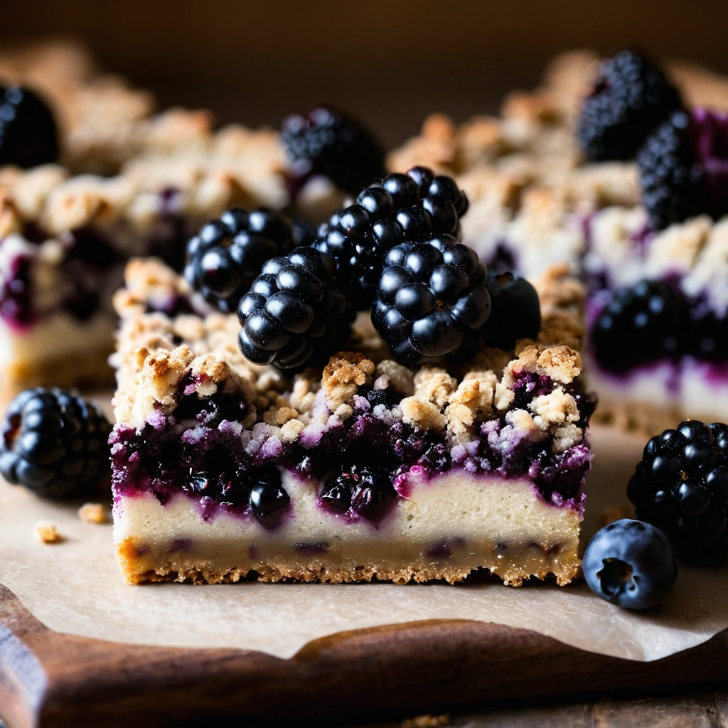 Golden brown bars with a layer of blackberries peeking through a streusel topping, arranged on a rustic wooden board.