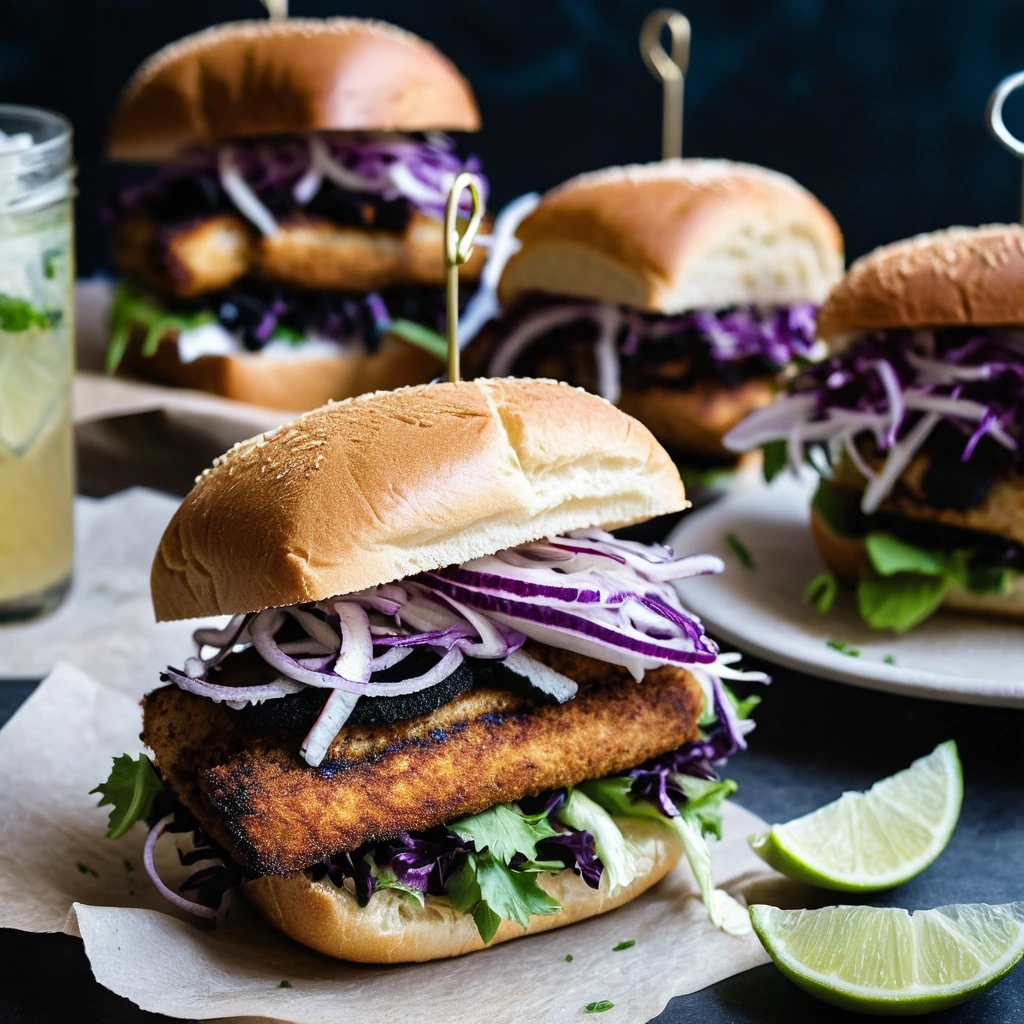 Golden blackened fish fillets in toasted buns with vibrant purple and white slaw spilling out