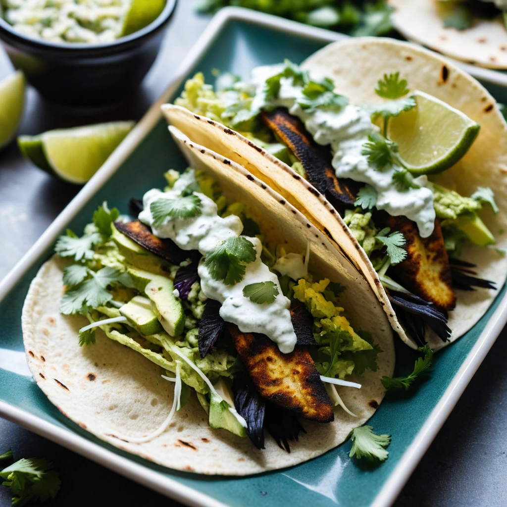Warm corn tortillas filled with blackened fish and vibrant green cilantro lime slaw.
