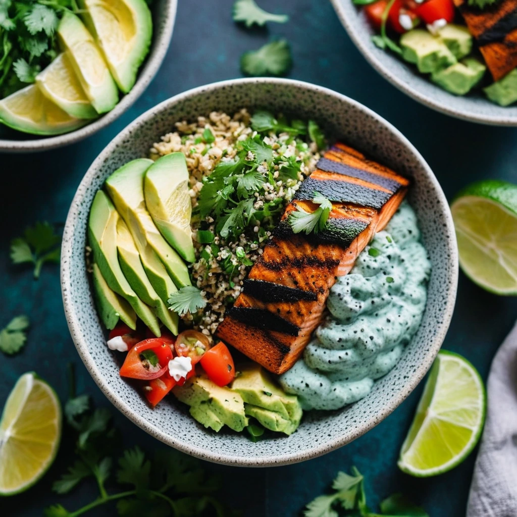 Salmon fillet over quinoa in a bowl with avocado crema drizzle, colorful veggies, and fresh cilantro.