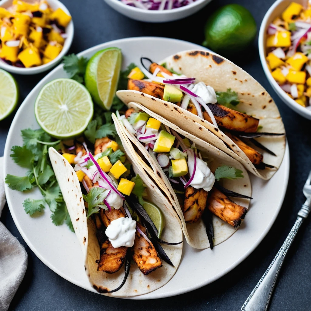 Colorful tacos with blackened shrimp and mango slaw in a white plate