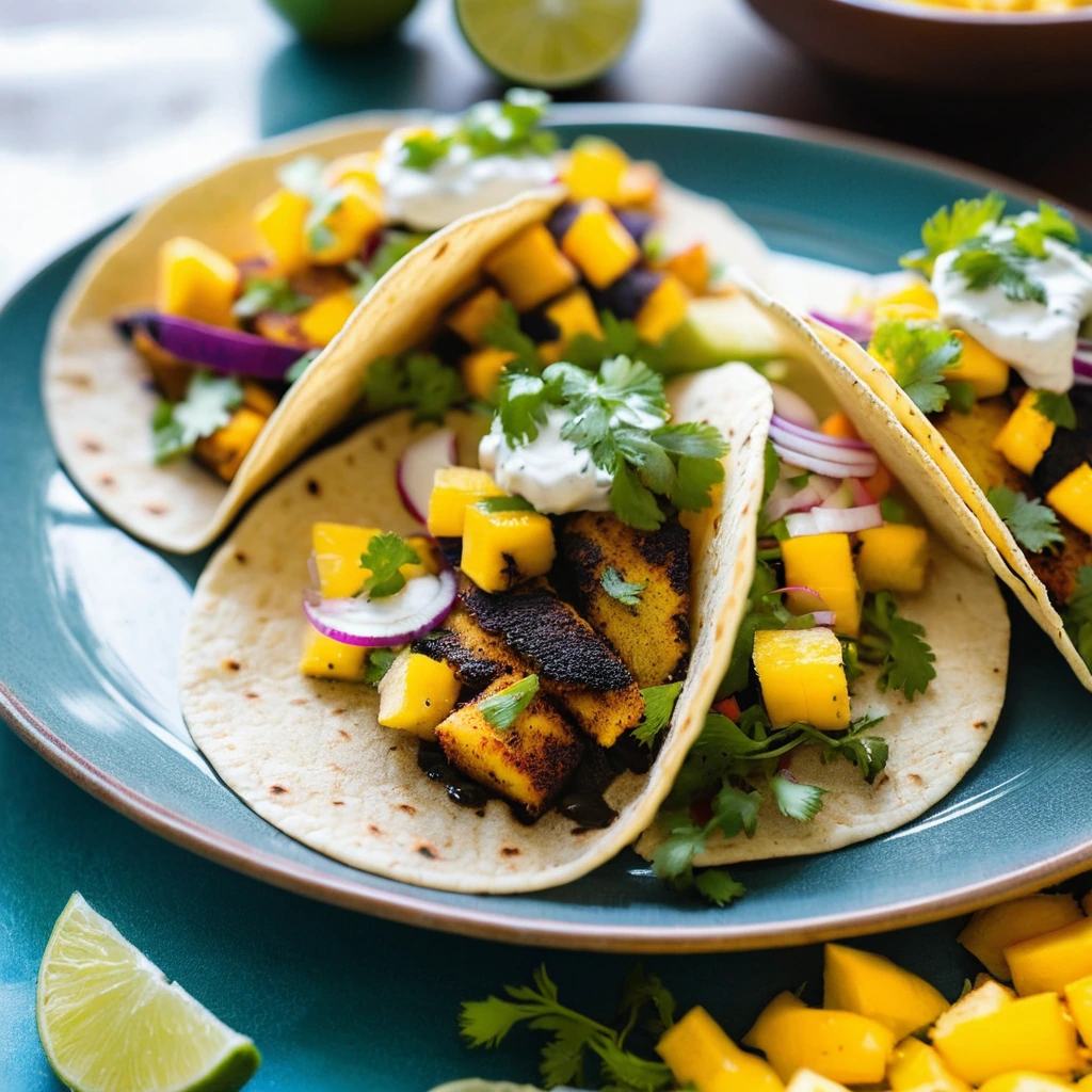 Golden-brown tilapia tacos in corn tortillas topped with colorful mango salsa and fresh cilantro.