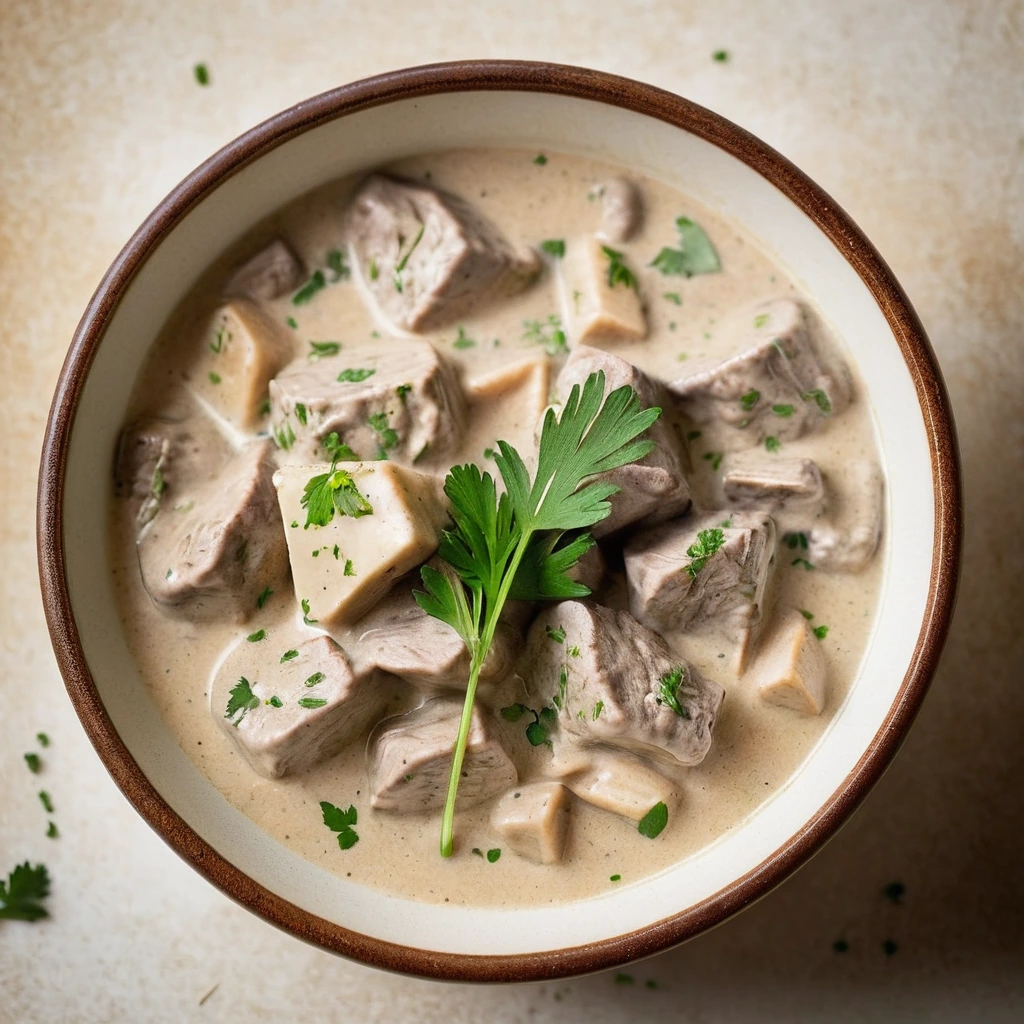 Stewed veal in a creamy white sauce served in a rustic bowl garnished with fresh parsley.