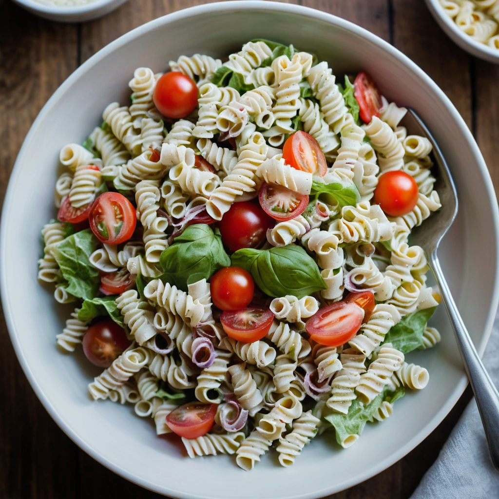 colorful spiral pasta in a bowl with chunks of tomato, crispy bacon, and a drizzle of white dressing