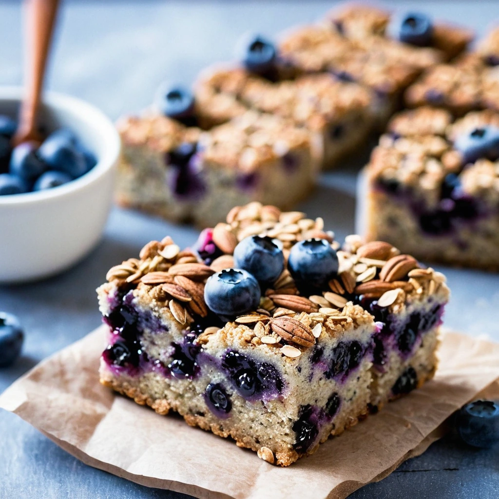 Golden squares of baked oatmeal dusted with cinnamon and dotted with blueberries and almond slices on a rustic wooden board.