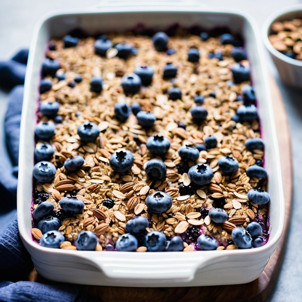 Golden-brown baked oatmeal in a casserole dish, topped with plump blueberries and a streusel of almond crunch.