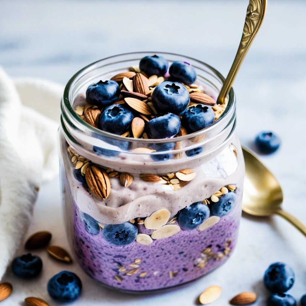 Purple blueberries scattered over thick, golden overnight oats topped with sliced almonds in a clear glass bowl.