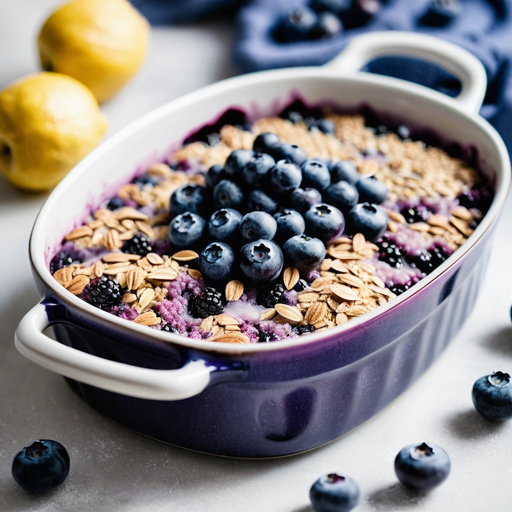 Golden baked oatmeal in a casserole dish with plump blueberries and a dusting of lemon zest.
