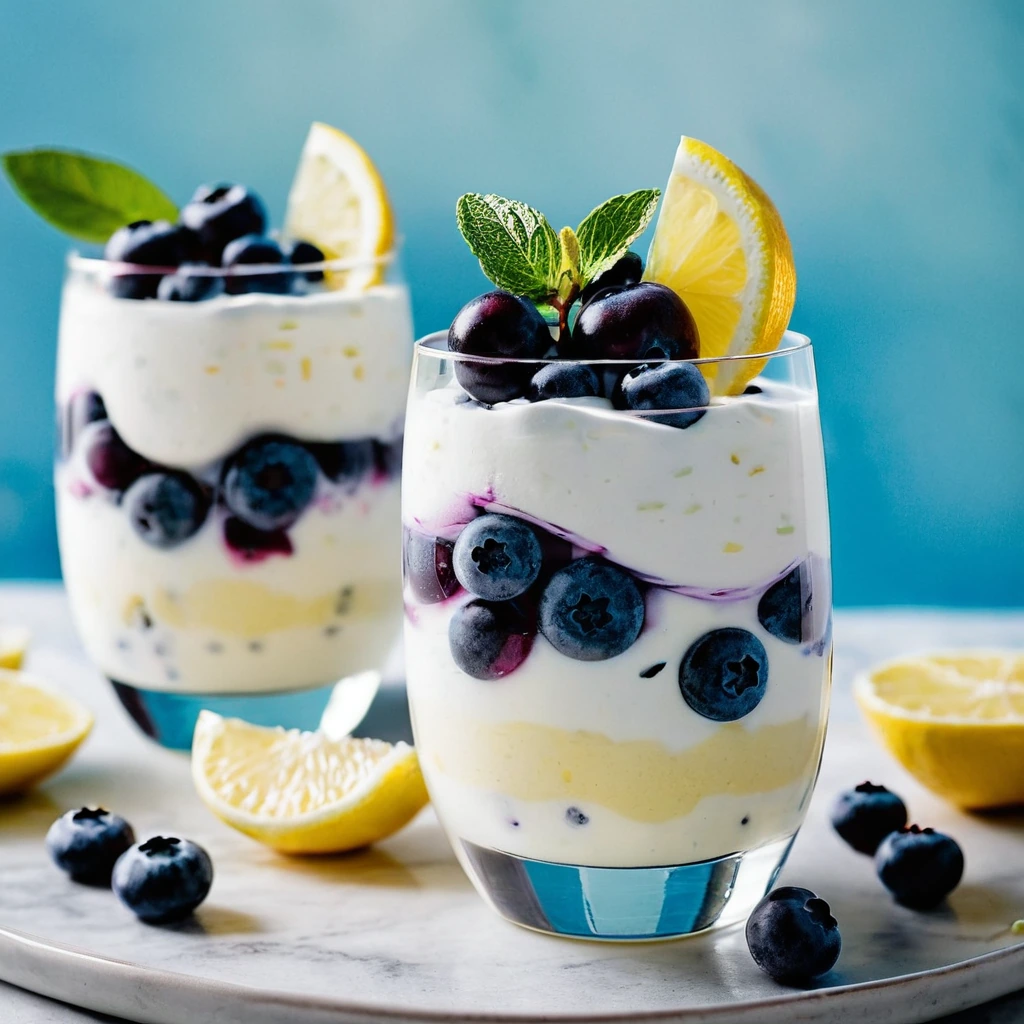 Layered parfaits in clear glasses with creamy white yogurt, vibrant blueberries, and a sprinkle of lemon zest.